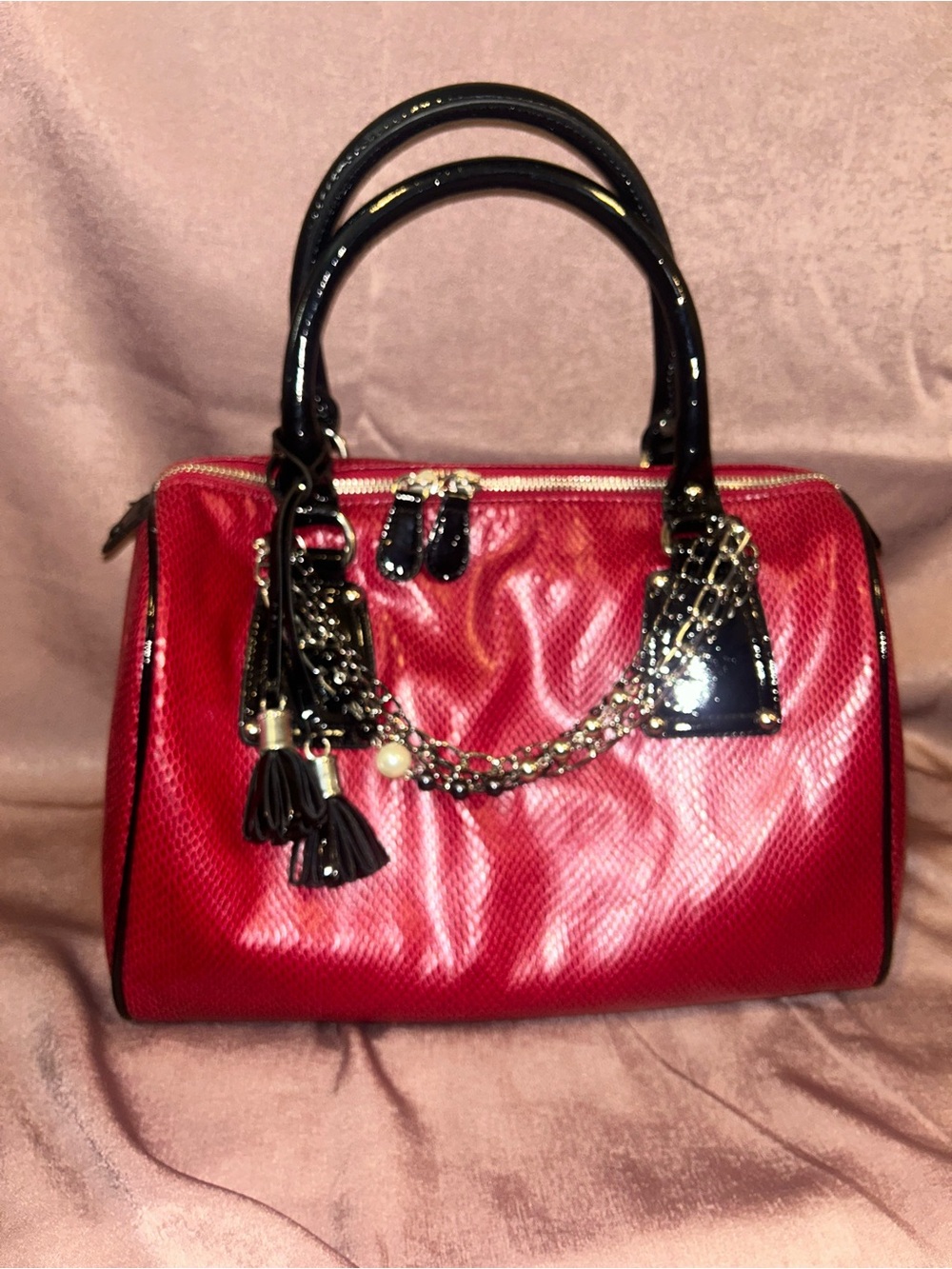 White House Black Market Red Satchel with Black Patent Trim